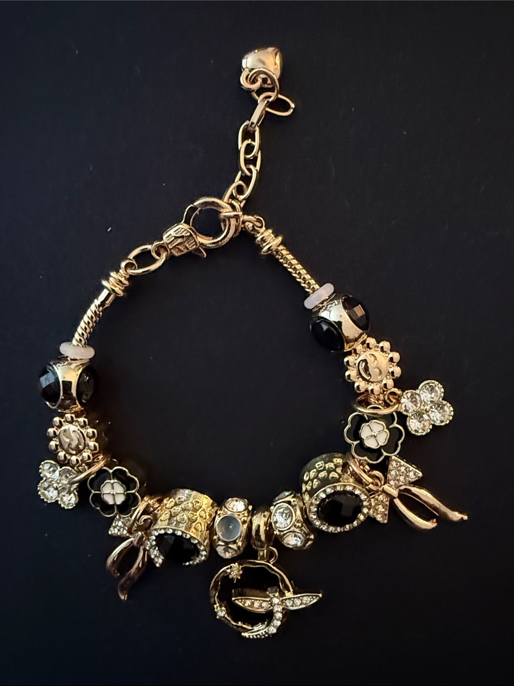 Gold and Black Charm Bracelet with Crystal Accents